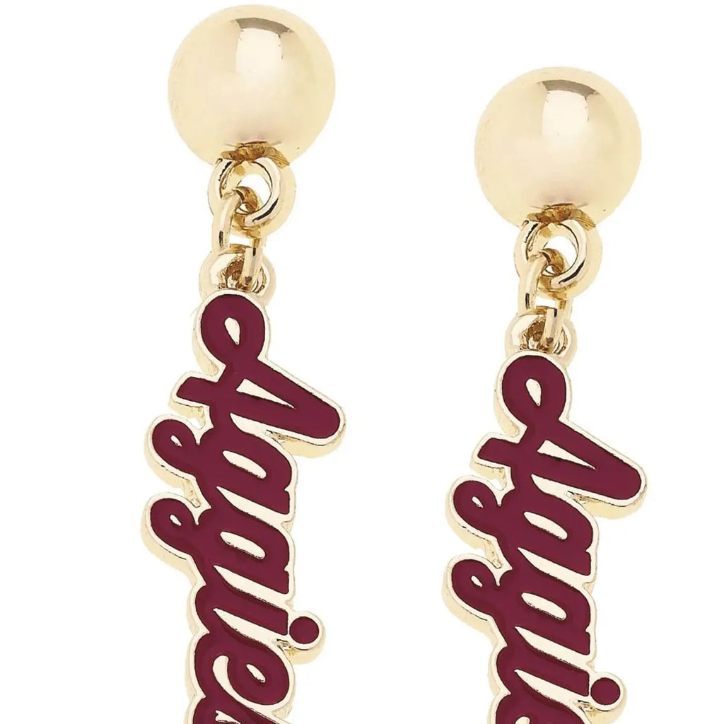 Texas A&M Aggies Enamel Script Earring in Shiny Gold