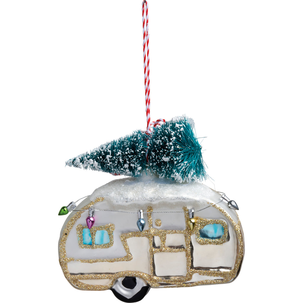 Camper And Tree Glass Christmas Ornament #100-C211
