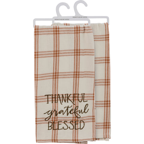 "Thankful Grateful Blessed" Embroidered Plaid Kitchen Towel for Fall Decor #100-S500