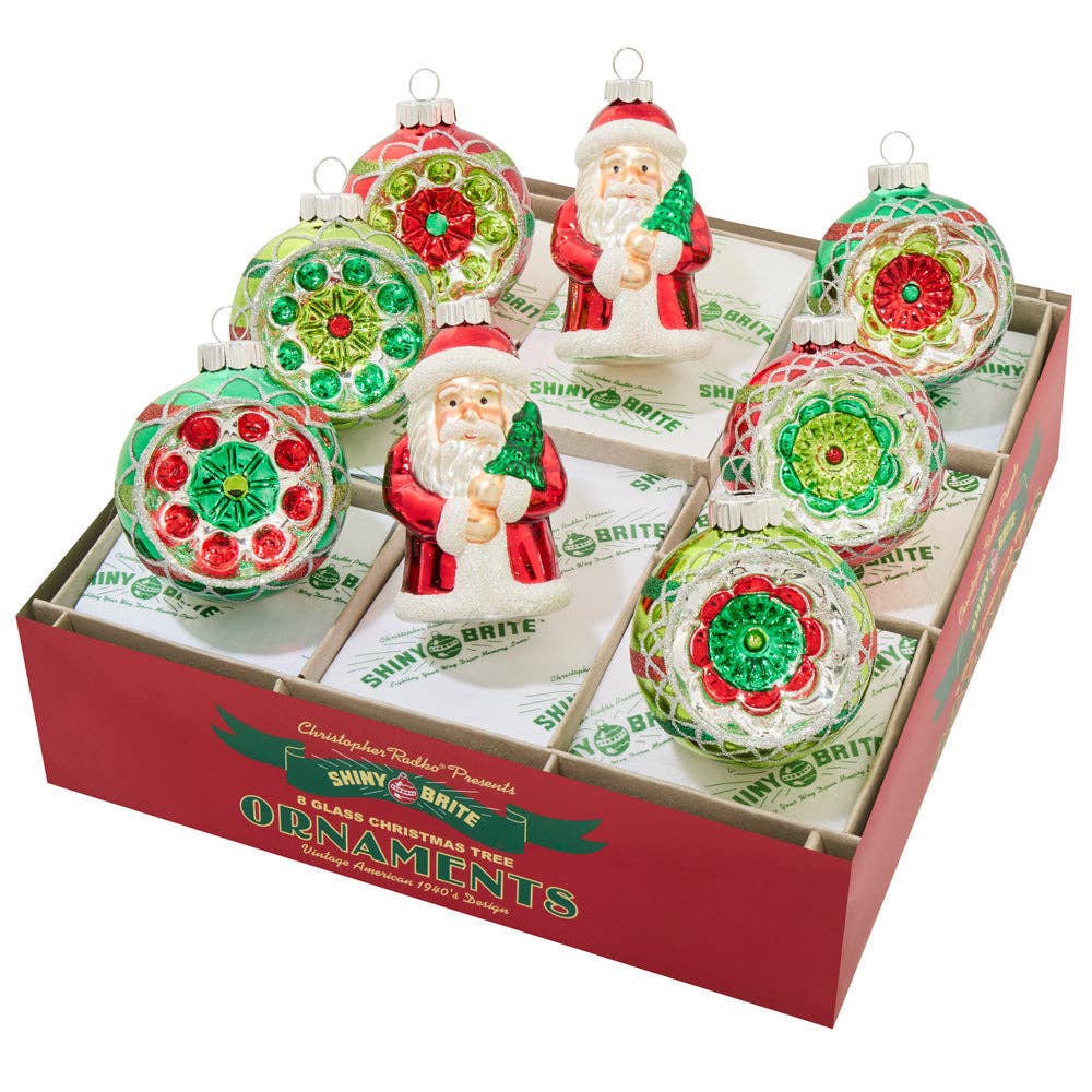 Shiny Brite Christmas Holiday Glass Ornament – Splendor Rounds & Santas Set of 8