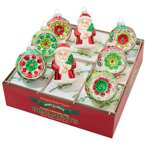 Shiny Brite Christmas Holiday Glass Ornament – Splendor Rounds & Santas Set of 8