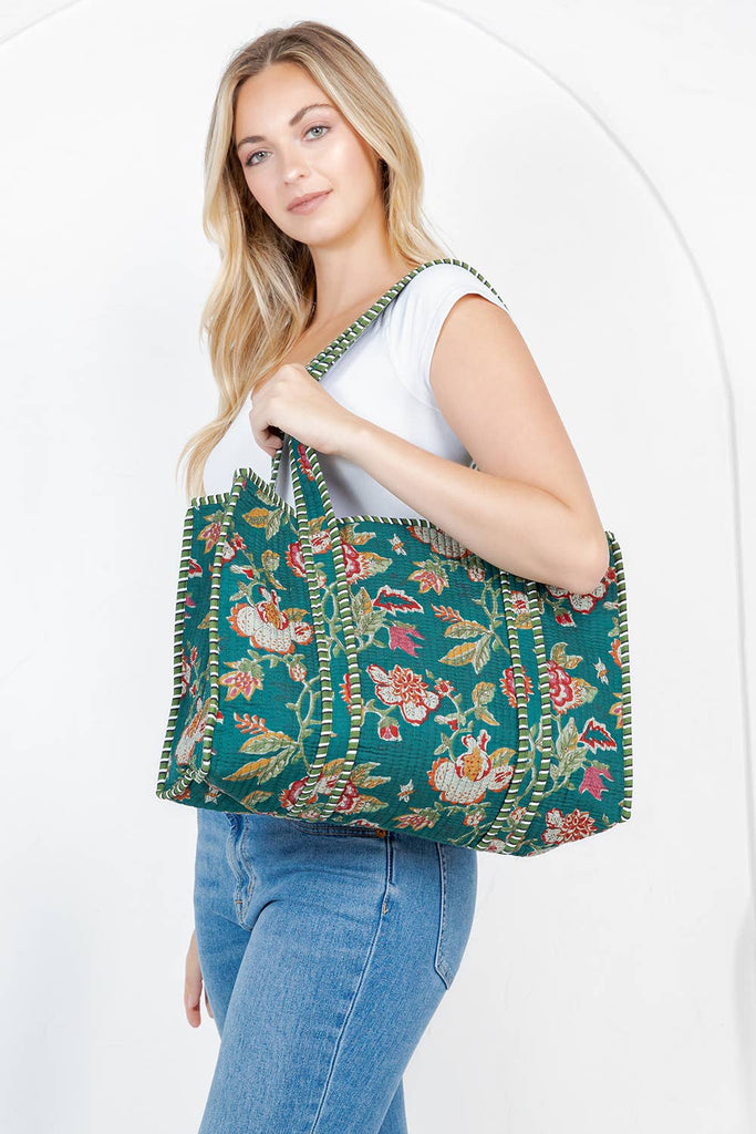 Quilted Tote Bag- Green Floral