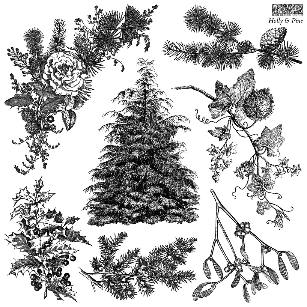 IOD Decor Stamp Holly and Pine 12" x 12" by Iron Orchid Designs
