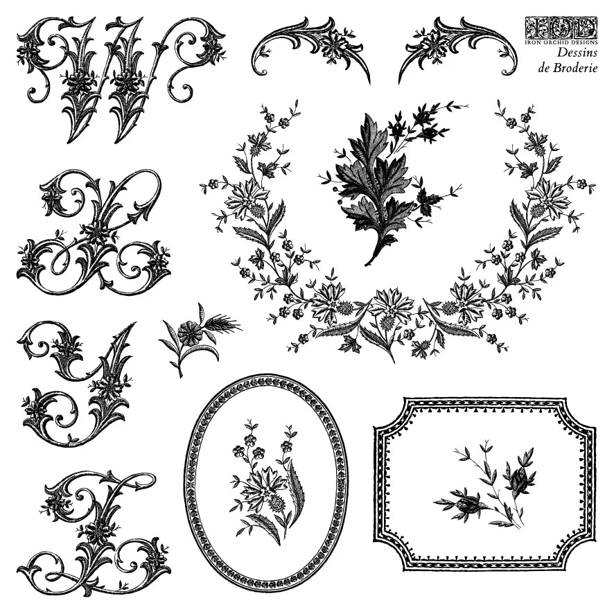 IOD Decor Stamp Dessins de Broderie Labels 6"x6" Four Sheets with Case by Iron Orchid Designs