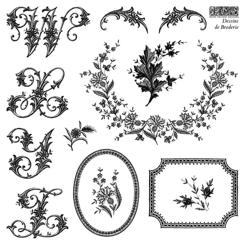 IOD Decor Stamp Dessins de Broderie Labels 6"x6" Four Sheets with Case by Iron Orchid Designs