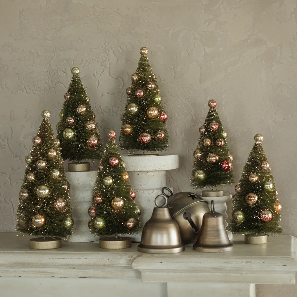 Christmas Ornament- Green Bottlebrush Trees with Glittered Balls Set of 6