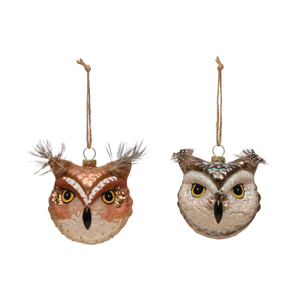 Christmas Ornament Hand-painted Glass Owl Set of 2