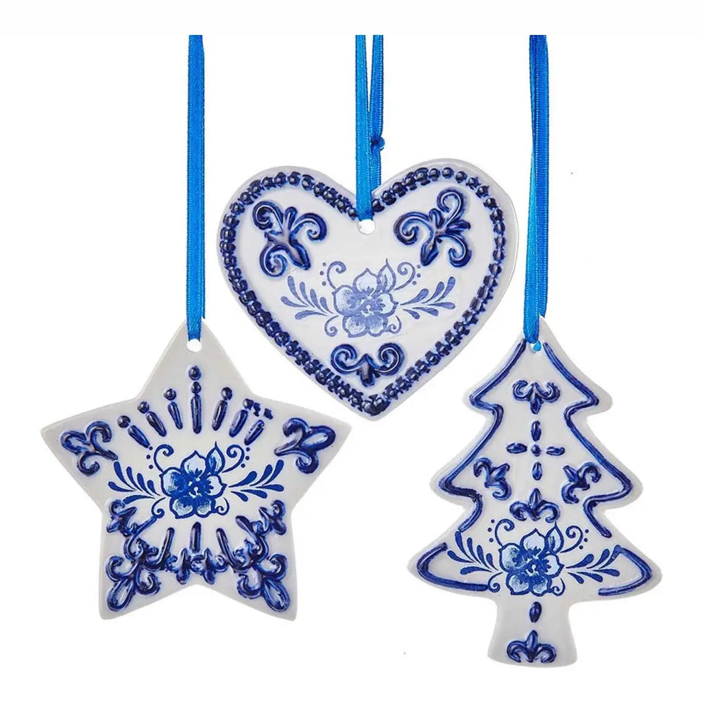 Christmas Ornament- Porcelain Delft Blue Heart, Star and Tree