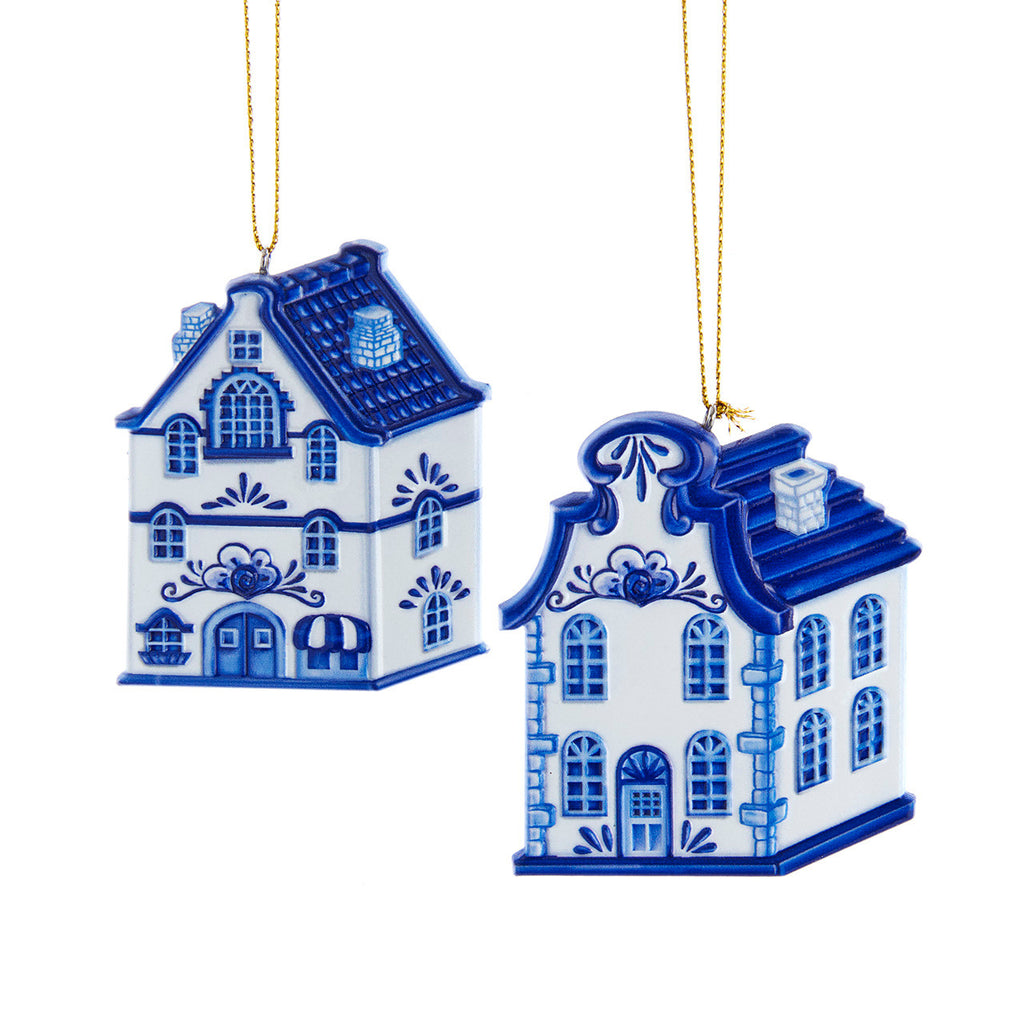 Christmas Ornament- Porcelain Delft Blue Houses Set of 2