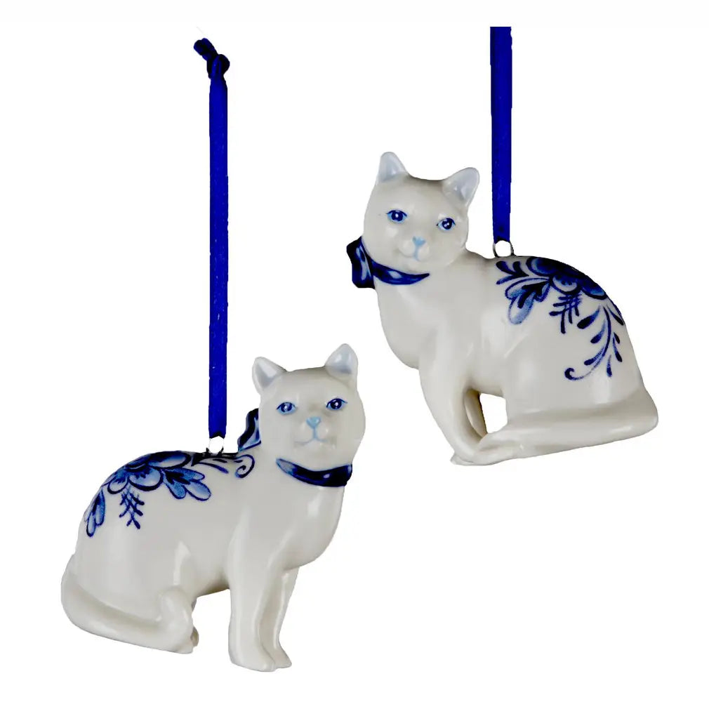 Christmas Ornament- Porcelain Delft Blue Kitties Set of 2