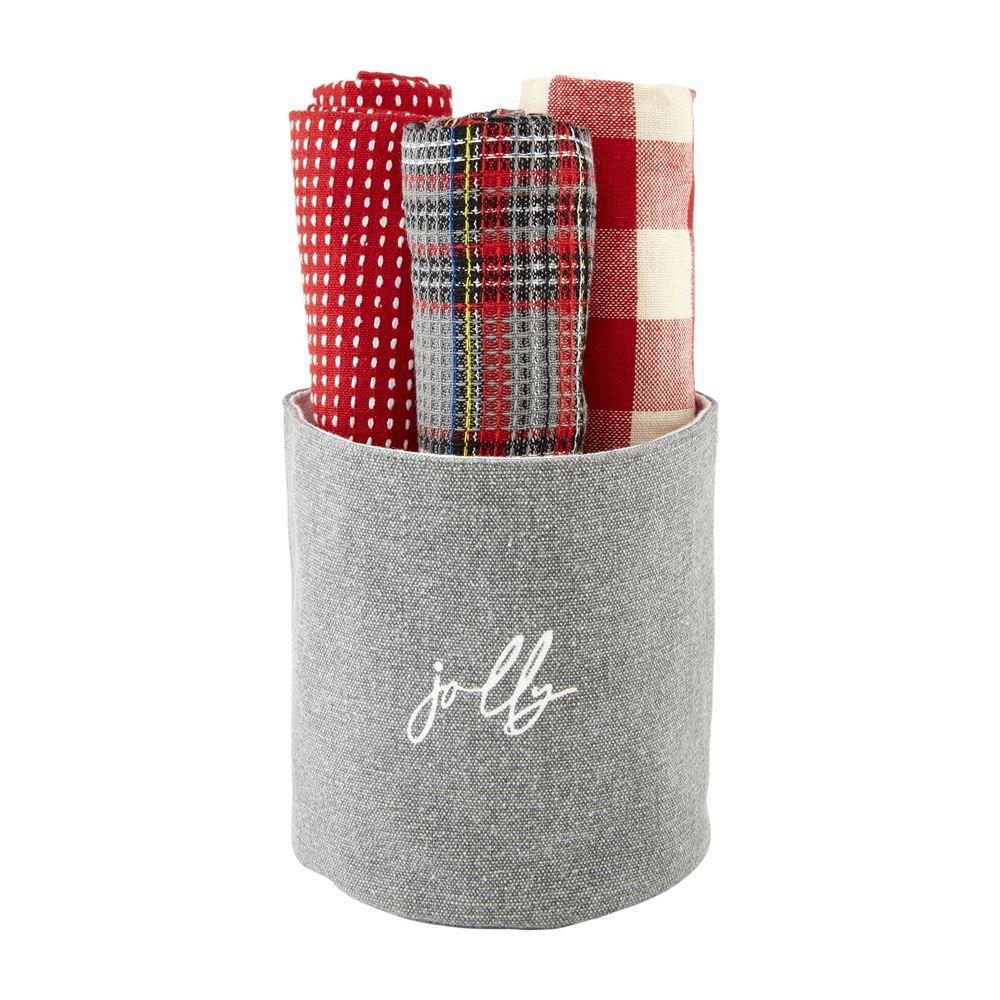 Christmas Grey Bucket Tartan Towel Set