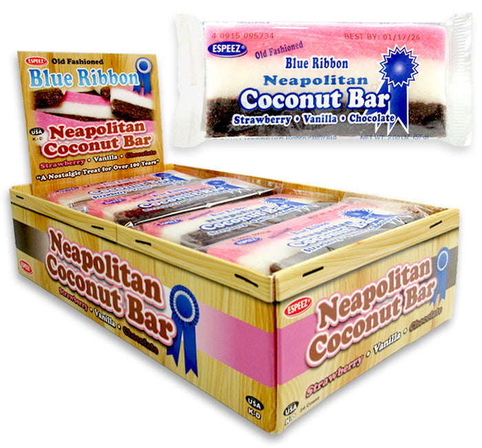 Vintage Style Candy Blue Ribbon Neapolitan Coconut Bar