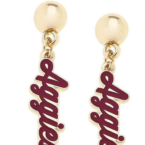 Texas A&M Aggies Enamel Script Earring in Shiny Gold
