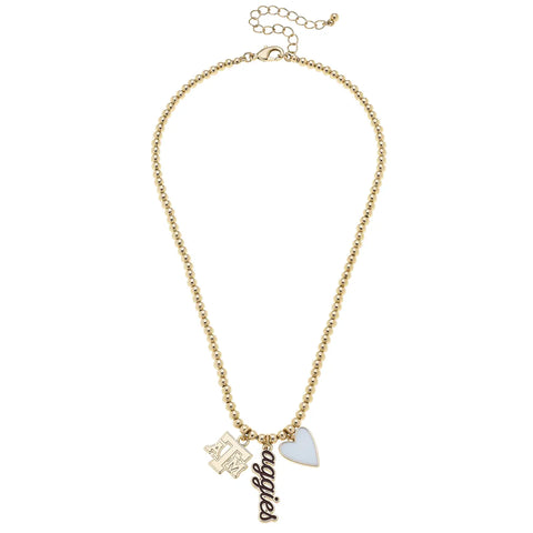 Texas A&M Ball Bead Charm Necklace in Shiny Gold