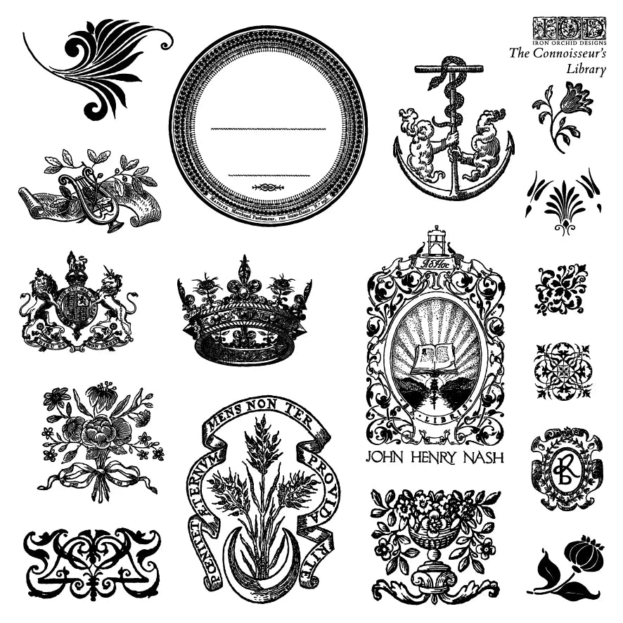 IOD Decor Stamp The Connoisseur's Library 6"x6" Four Sheets with Case by Iron Orchid Designs