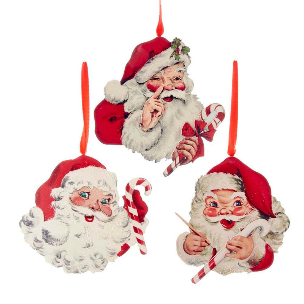 Christmas Ornament- Wooden Santa with Candy Cane Set of 3