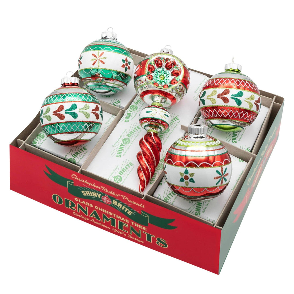 Shiny Brite Christmas Holiday Glass Ornament – Splendor 3.25” Rounds & 7” Finial Ornament Set of 5