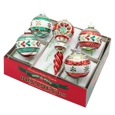 Shiny Brite Christmas Holiday Glass Ornament – Splendor 3.25” Rounds & 7” Finial Ornament Set of 5