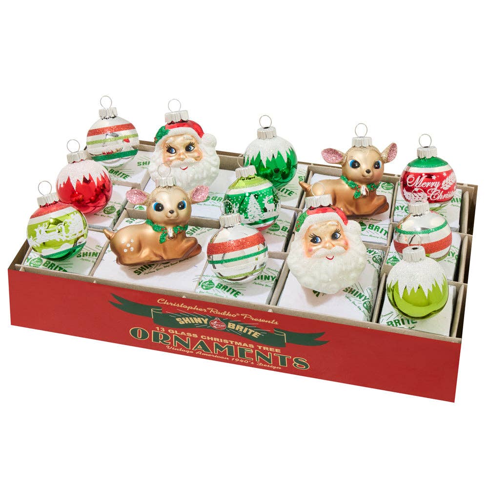 Shiny Brite Christmas Holiday Glass Ornament – Splendor Santas, Reindeer & Frosted Rounds Set of 13