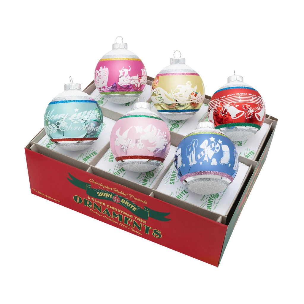 Shiny Brite Christmas Holiday Glass Ornament – Confetti 3.25" Flocked Set of 6