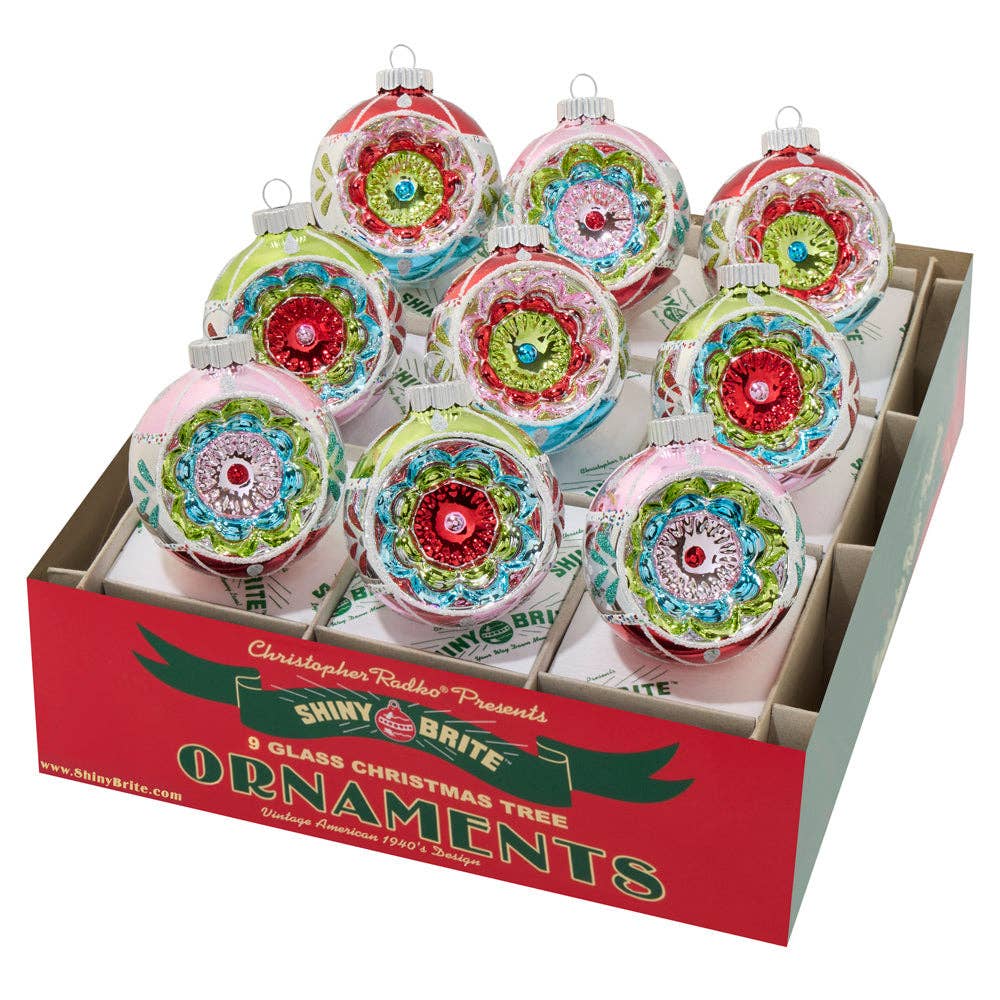 Shiny Brite Christmas Holiday Glass Ornament – Festive Fete Reflector Rounds Set of 9