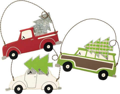 Christmas Tree Ornament truck/ car with Tree set of three #100-C277