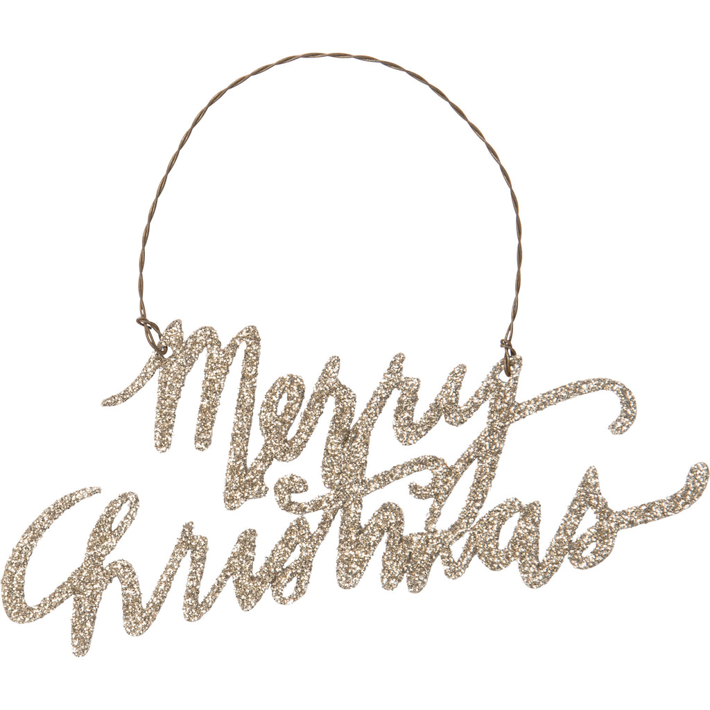 Christmas Ornament "Merry Christmas" in Cursive, Metal with Gold Glitter #100-C146