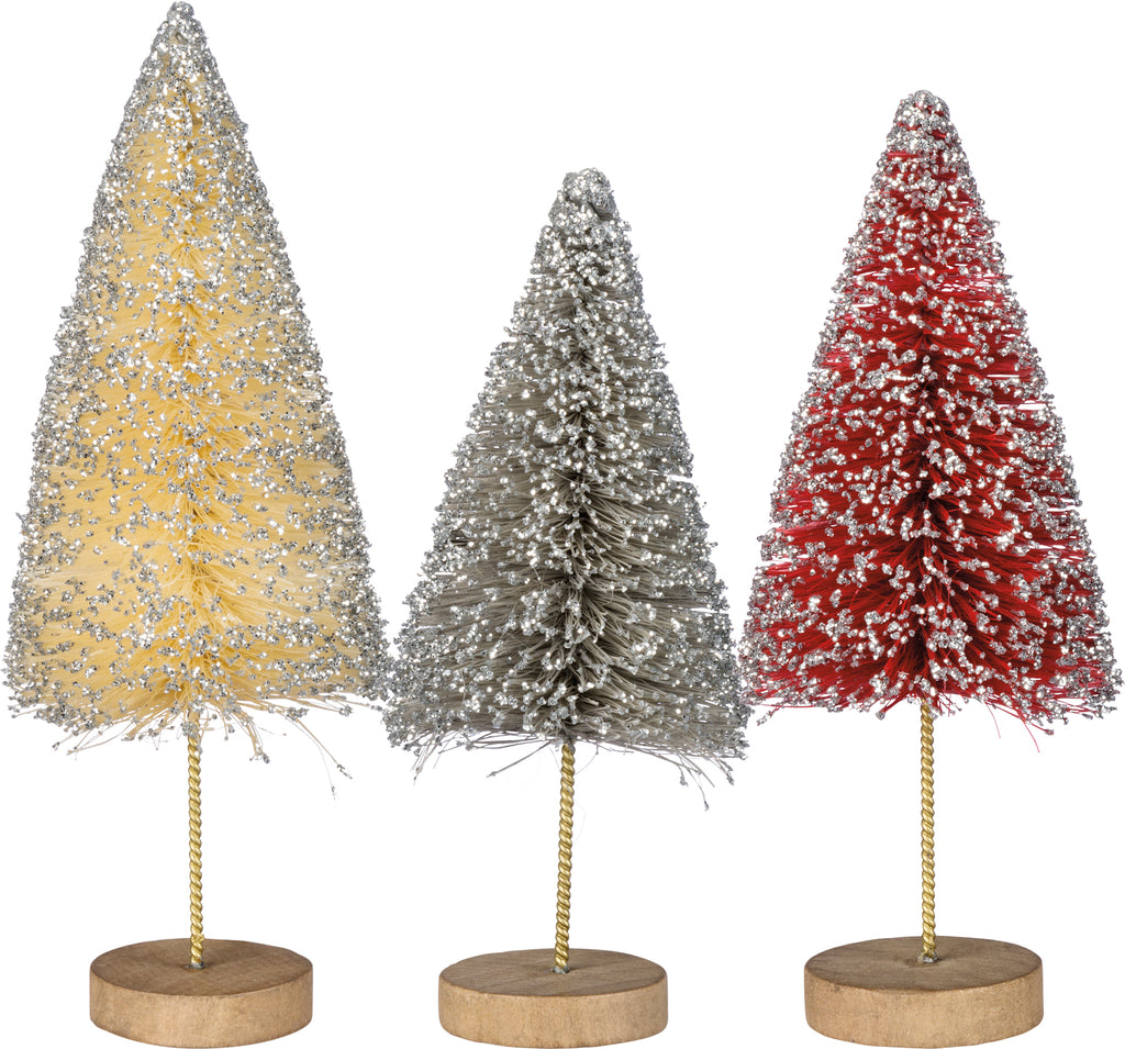 Sisal Bristle Tree Set of 3 Snowy Christmas Bottlebrush Trees #C159