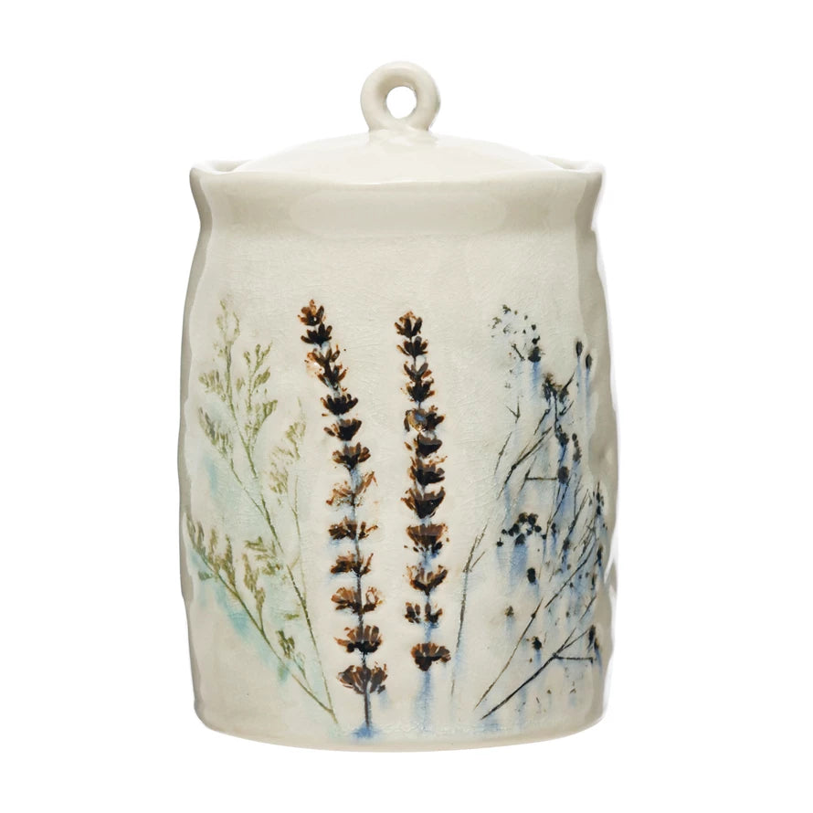 Debossed Stoneware Floral Canister, Reactive Crackle Glaze